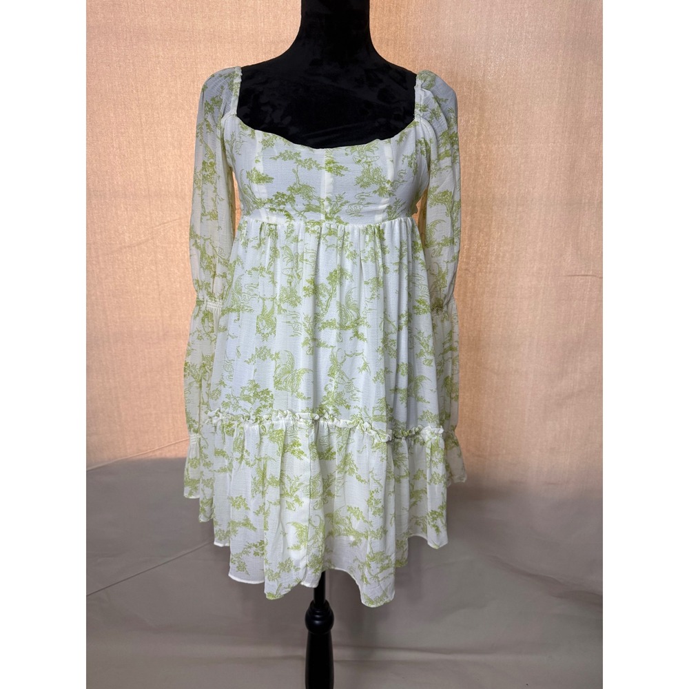 Lime Green Toile de Jouy Ruffle Mini Dress Long Sleeve Back Tie Cottagecore